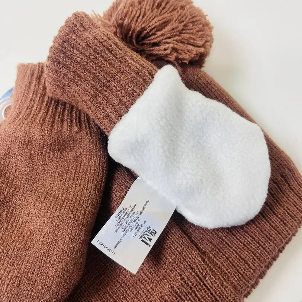 Snuggle Buds Infant Hat & Thumbless Mitten‎ Set Knitted Cute Baby Bear Hat 0-12m